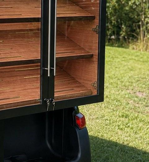 Bar pulls and hinges on the humidor glass doors