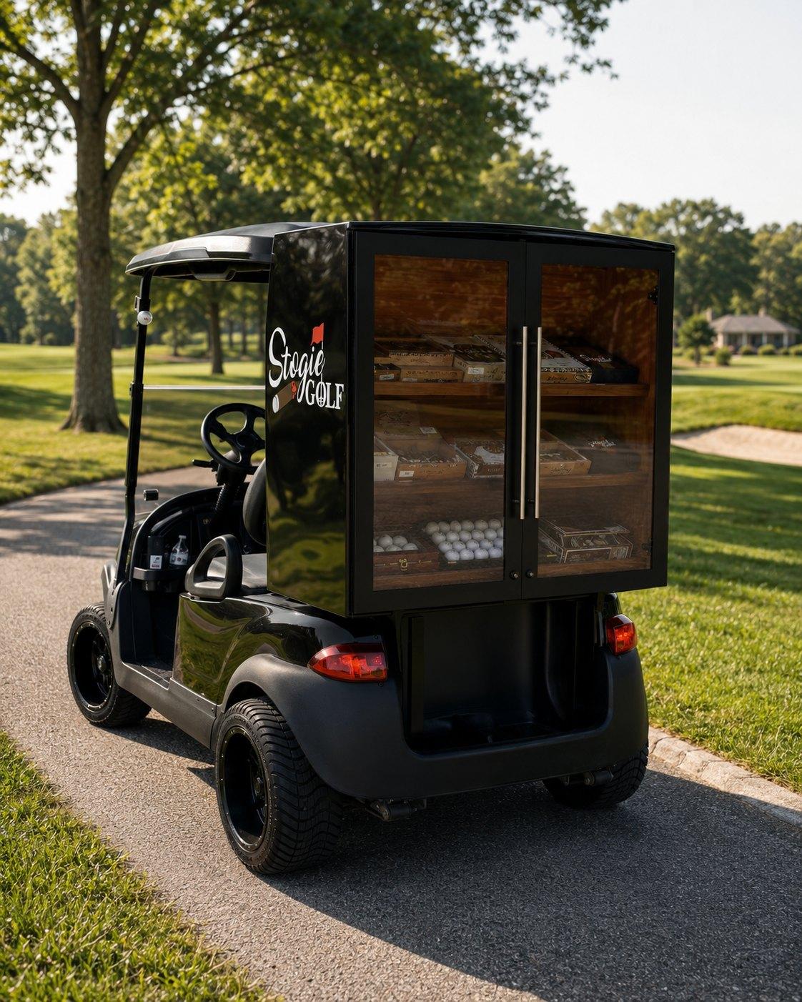 Stogie Golf branded cart, humidor stocked with cigar boxes and golf balls on a tree lined path