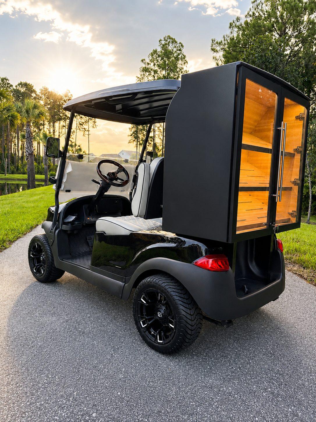 Rear humidor cabinet, doors closed at golden hour