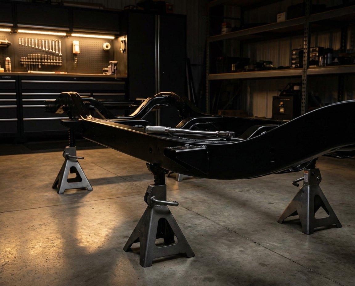 Gloss black chassis on stands in the workshop