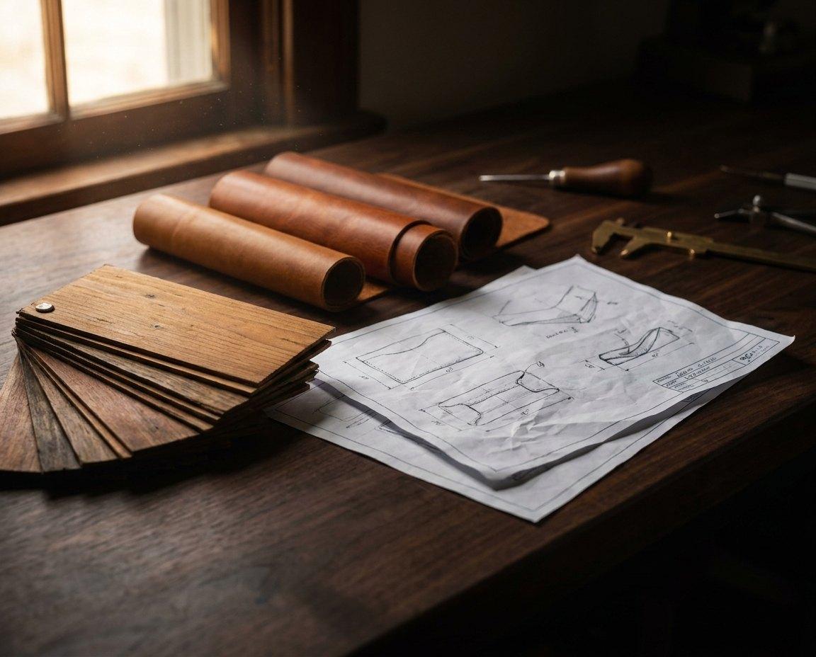 Design sketches, wood samples and leather swatches on the table